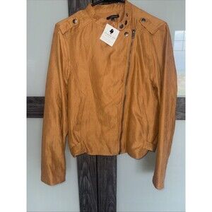 STACCATO Jacket Women's Size Large Camel Brown Moto Asymmetric Full Zip Belted